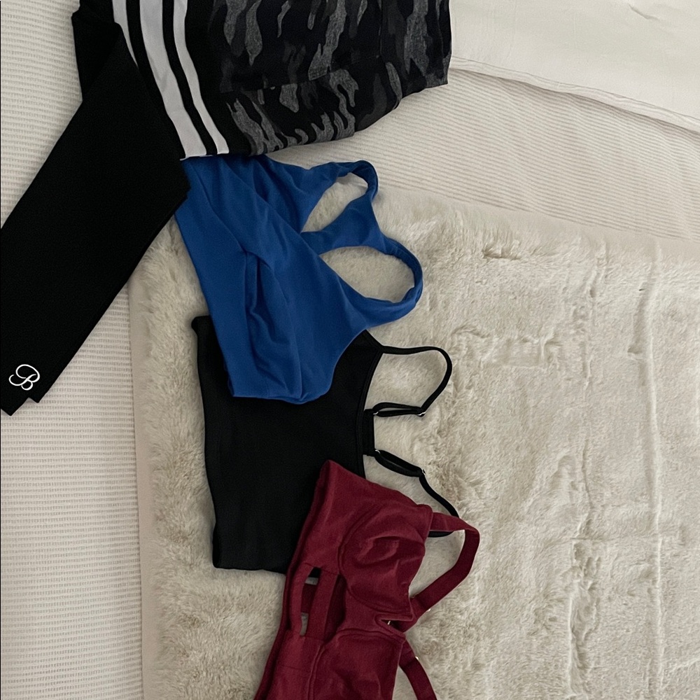 Bombshell Sports Bras in Royal Blue, Black, and Burgundy or Red, plus leggings